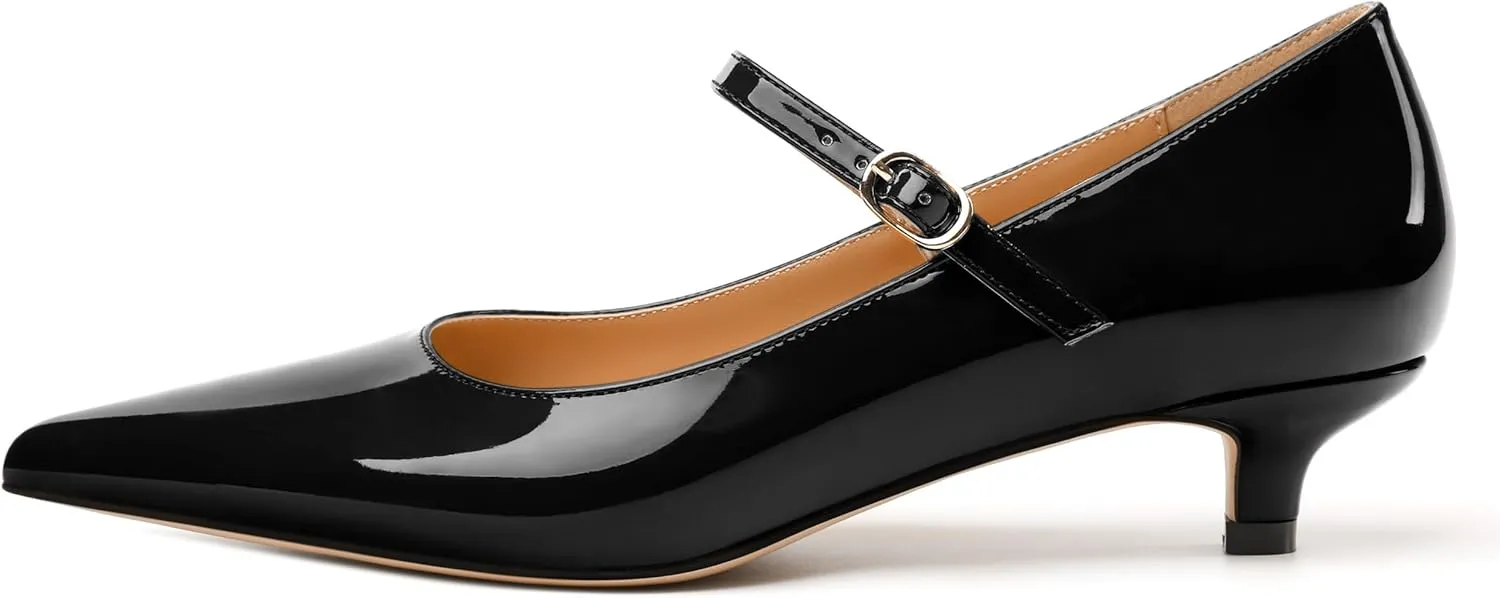 SKYSTERRY Mary Jane Shoes Women Pointed Closed Toe Low Kitten Heels Patent Leather Shoes Ankle Buckle Pumps Strappy Heels Dress Shoes for Women Work Comfortable Elegant