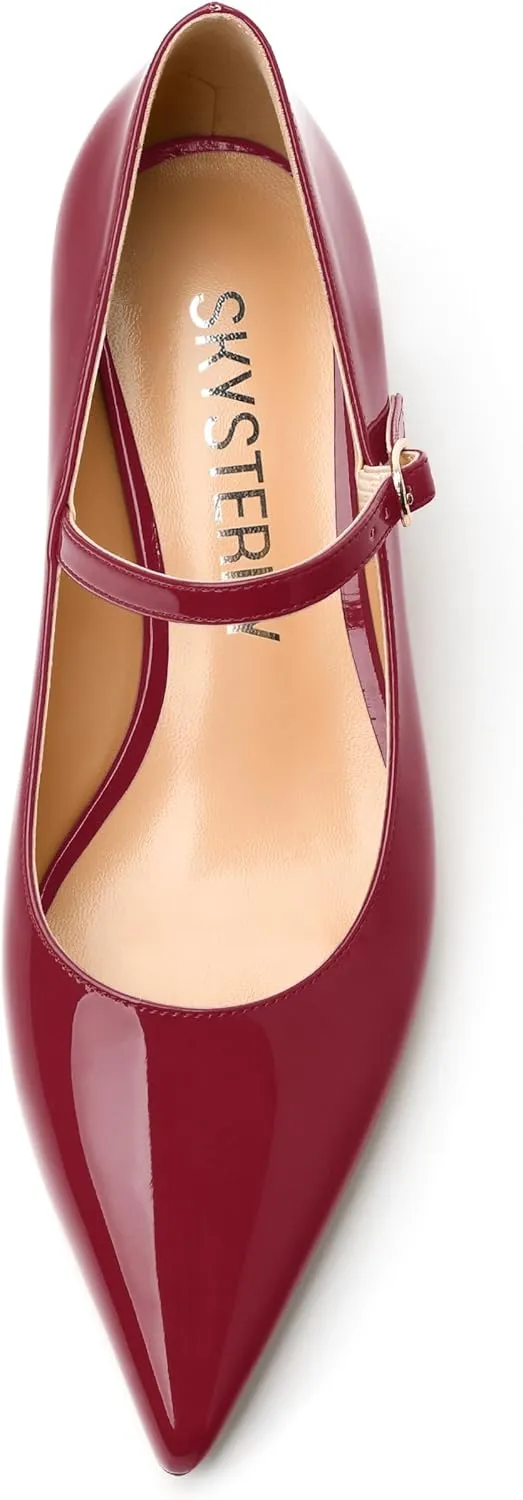 SKYSTERRY Mary Jane Shoes Women Pointed Closed Toe Low Kitten Heels Patent Leather Shoes Ankle Buckle Pumps Strappy Heels Dress Shoes for Women Work Comfortable Elegant