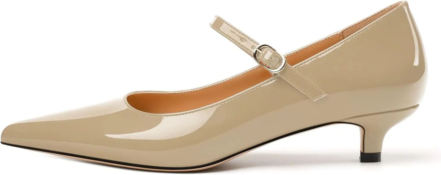 SKYSTERRY Mary Jane Shoes Women Pointed Closed Toe Low Kitten Heels Patent Leather Shoes Ankle Buckle Pumps Strappy Heels Dress Shoes for Women Work Comfortable Elegant