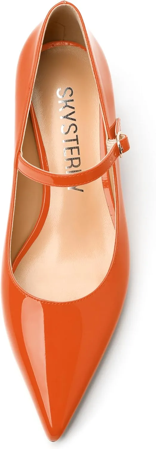 SKYSTERRY Mary Jane Shoes Women Pointed Closed Toe Low Kitten Heels Patent Leather Shoes Ankle Buckle Pumps Strappy Heels Dress Shoes for Women Work Comfortable Elegant