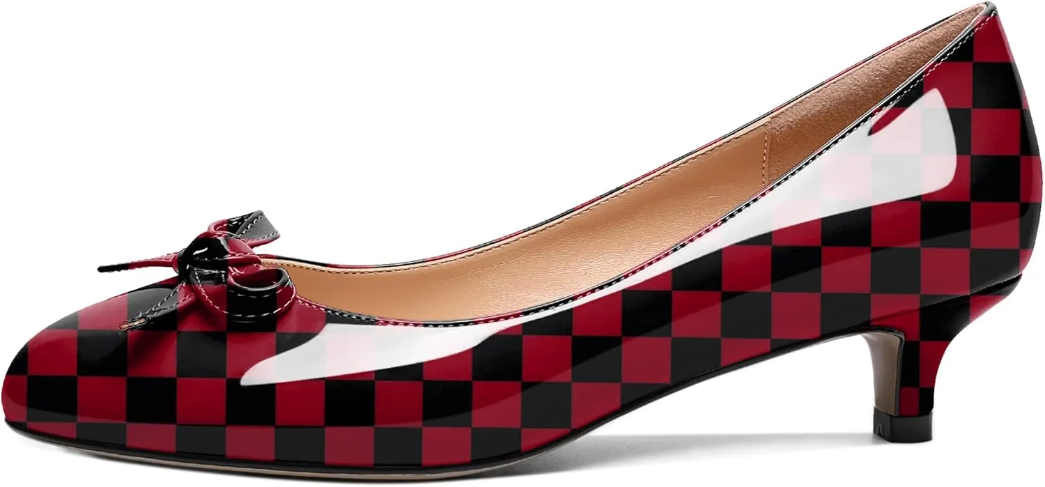 Soireelady Women Low Kitten Heels Round Toe Slip On Pumps Comfort Pumps Cute Bow Heels 1.5 Inch Patent Leather Dress Shoes