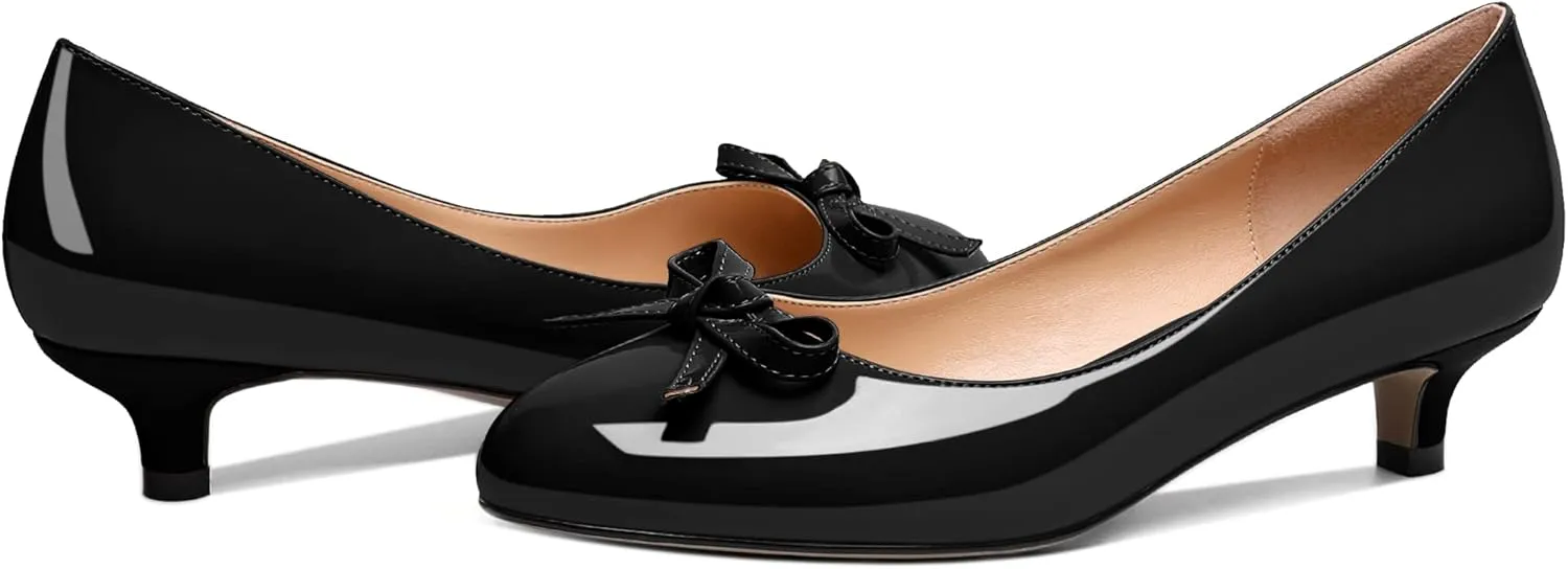 Soireelady Women Low Kitten Heels Round Toe Slip On Pumps Comfort Pumps Cute Bow Heels 1.5 Inch Patent Leather Dress Shoes