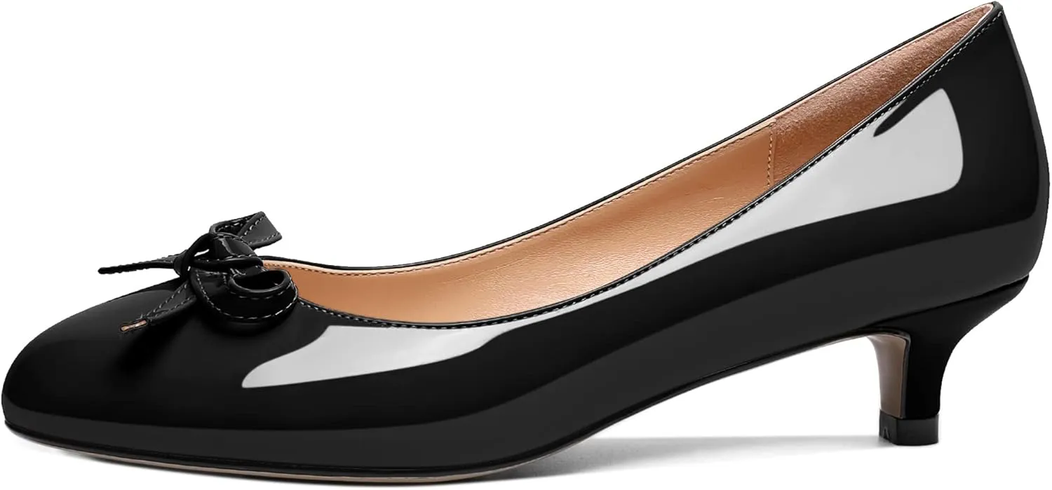 Soireelady Women Low Kitten Heels Round Toe Slip On Pumps Comfort Pumps Cute Bow Heels 1.5 Inch Patent Leather Dress Shoes