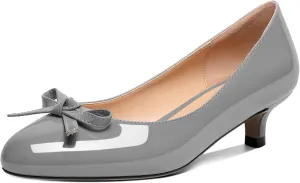 Soireelady Women Low Kitten Heels Round Toe Slip On Pumps Comfort Pumps Cute Bow Heels 1.5 Inch Patent Leather Dress Shoes