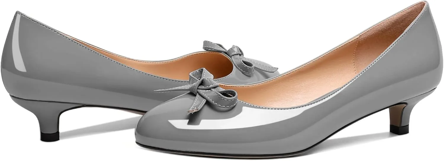 Soireelady Women Low Kitten Heels Round Toe Slip On Pumps Comfort Pumps Cute Bow Heels 1.5 Inch Patent Leather Dress Shoes