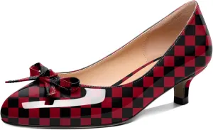 Soireelady Women Low Kitten Heels Round Toe Slip On Pumps Comfort Pumps Cute Bow Heels 1.5 Inch Patent Leather Dress Shoes
