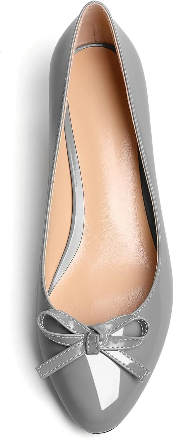 Soireelady Women Low Kitten Heels Round Toe Slip On Pumps Comfort Pumps Cute Bow Heels 1.5 Inch Patent Leather Dress Shoes