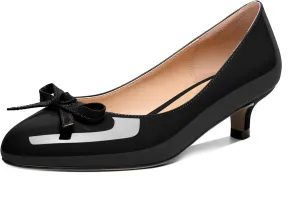 Soireelady Women Low Kitten Heels Round Toe Slip On Pumps Comfort Pumps Cute Bow Heels 1.5 Inch Patent Leather Dress Shoes