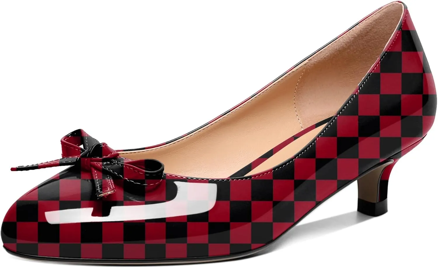 Soireelady Women Low Kitten Heels Round Toe Slip On Pumps Comfort Pumps Cute Bow Heels 1.5 Inch Patent Leather Dress Shoes