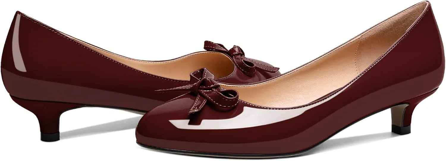 Soireelady Women Low Kitten Heels Round Toe Slip On Pumps Comfort Pumps Cute Bow Heels 1.5 Inch Patent Leather Dress Shoes