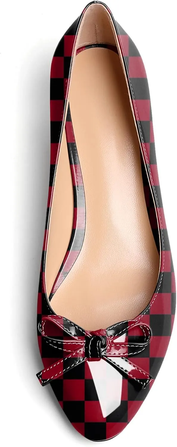 Soireelady Women Low Kitten Heels Round Toe Slip On Pumps Comfort Pumps Cute Bow Heels 1.5 Inch Patent Leather Dress Shoes