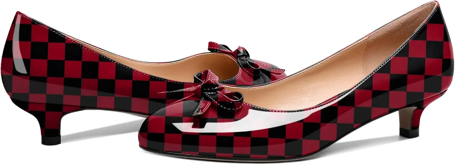 Soireelady Women Low Kitten Heels Round Toe Slip On Pumps Comfort Pumps Cute Bow Heels 1.5 Inch Patent Leather Dress Shoes