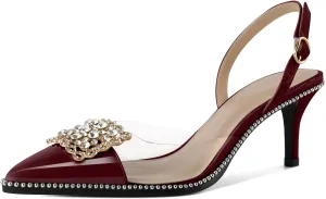 Soireelady Womens Low Kitten Slingback Heel Pumps Transparent Clear PVC Shoes Pointed Toe Slip On Crystal Rhinestones Dress Shoes 2.5 Inches