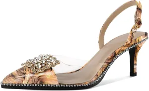 Soireelady Womens Low Kitten Slingback Heel Pumps Transparent Clear PVC Shoes Pointed Toe Slip On Crystal Rhinestones Dress Shoes 2.5 Inches