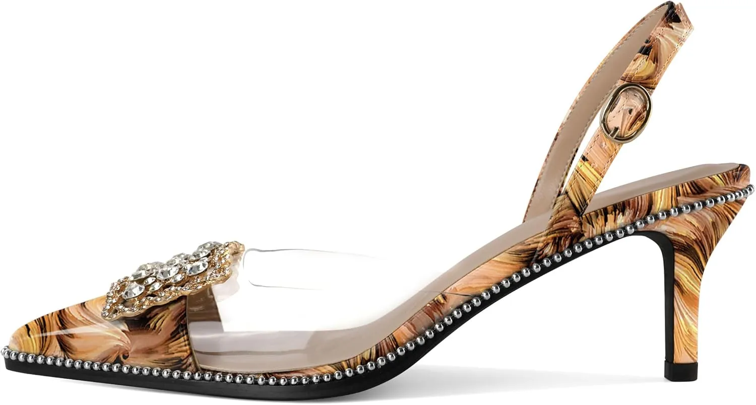 Soireelady Womens Low Kitten Slingback Heel Pumps Transparent Clear PVC Shoes Pointed Toe Slip On Crystal Rhinestones Dress Shoes 2.5 Inches