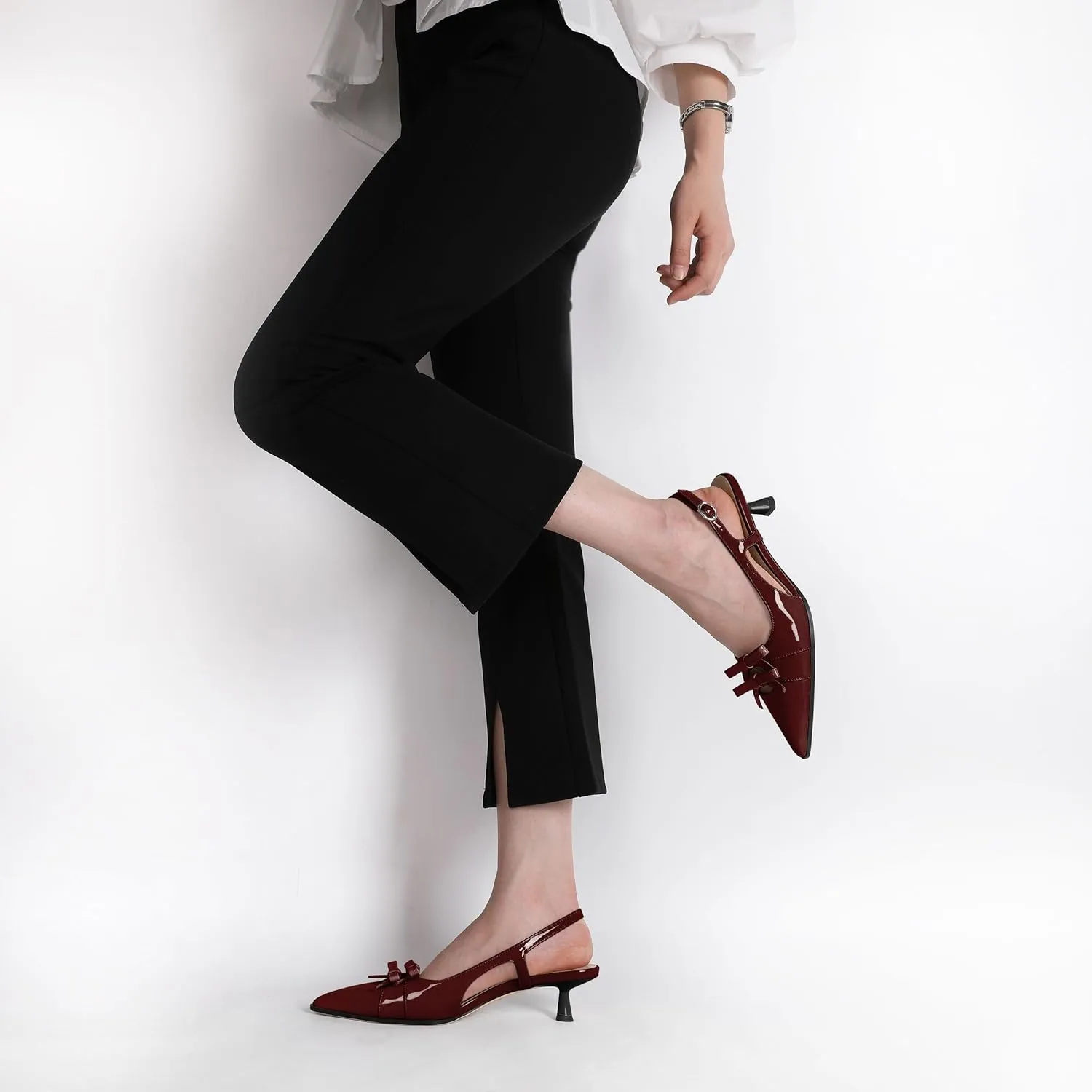 Soireelady Womens Slingback Kitten Heels Low Heel Pumps Pointed Toe Bow Heels Comfort Fashion Dress Shoes Patent Leather 2 Inches