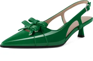 Soireelady Womens Slingback Kitten Heels Low Heel Pumps Pointed Toe Bow Heels Comfort Fashion Dress Shoes Patent Leather 2 Inches