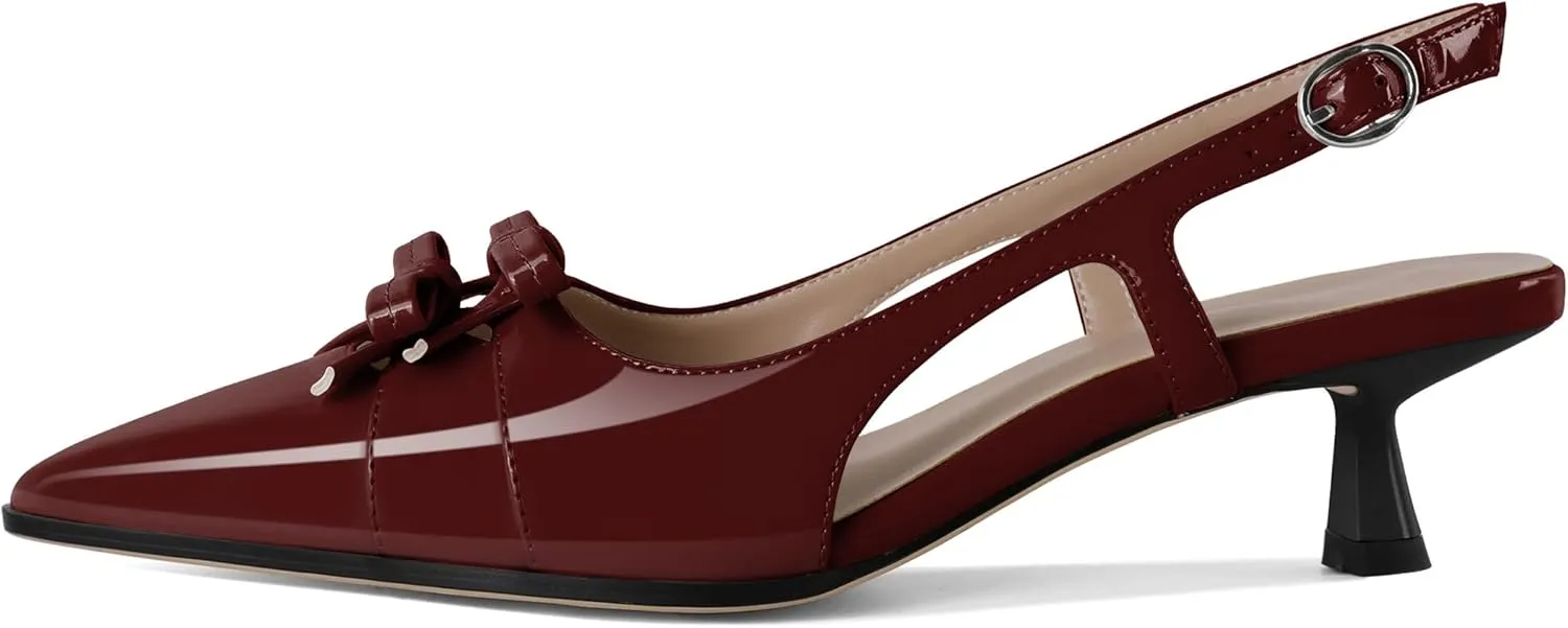 Soireelady Womens Slingback Kitten Heels Low Heel Pumps Pointed Toe Bow Heels Comfort Fashion Dress Shoes Patent Leather 2 Inches