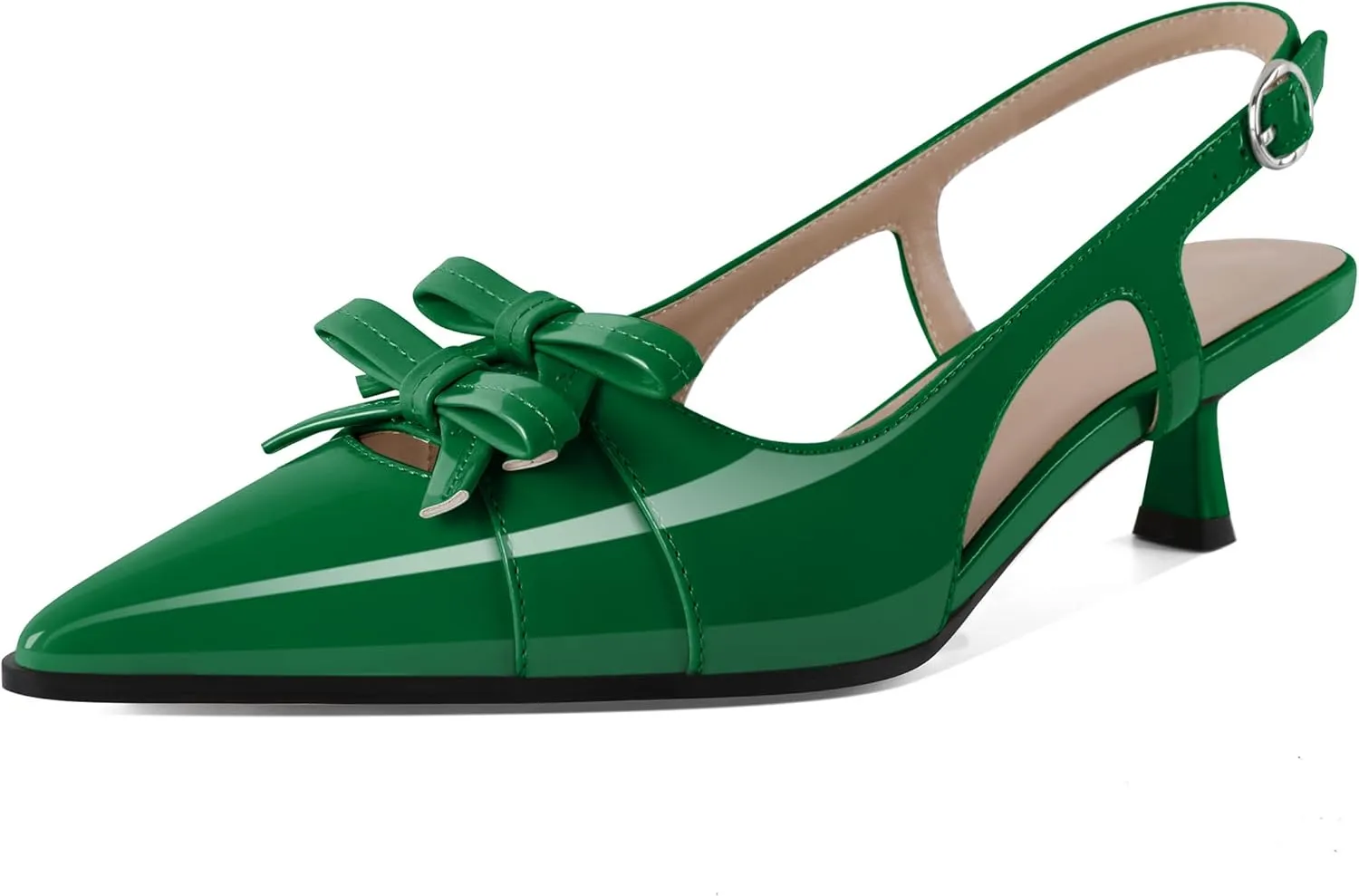 Soireelady Womens Slingback Kitten Heels Low Heel Pumps Pointed Toe Bow Heels Comfort Fashion Dress Shoes Patent Leather 2 Inches