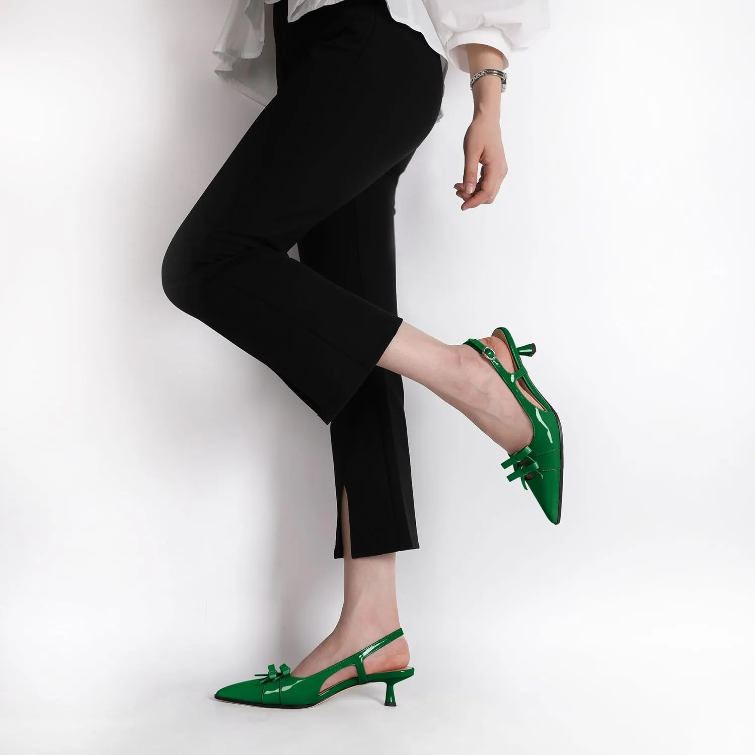 Soireelady Womens Slingback Kitten Heels Low Heel Pumps Pointed Toe Bow Heels Comfort Fashion Dress Shoes Patent Leather 2 Inches