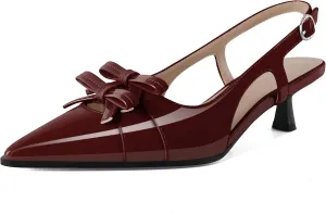 Soireelady Womens Slingback Kitten Heels Low Heel Pumps Pointed Toe Bow Heels Comfort Fashion Dress Shoes Patent Leather 2 Inches