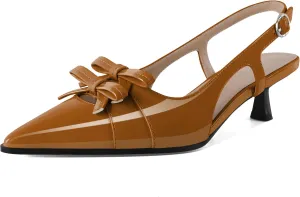 Soireelady Womens Slingback Kitten Heels Low Heel Pumps Pointed Toe Bow Heels Comfort Fashion Dress Shoes Patent Leather 2 Inches