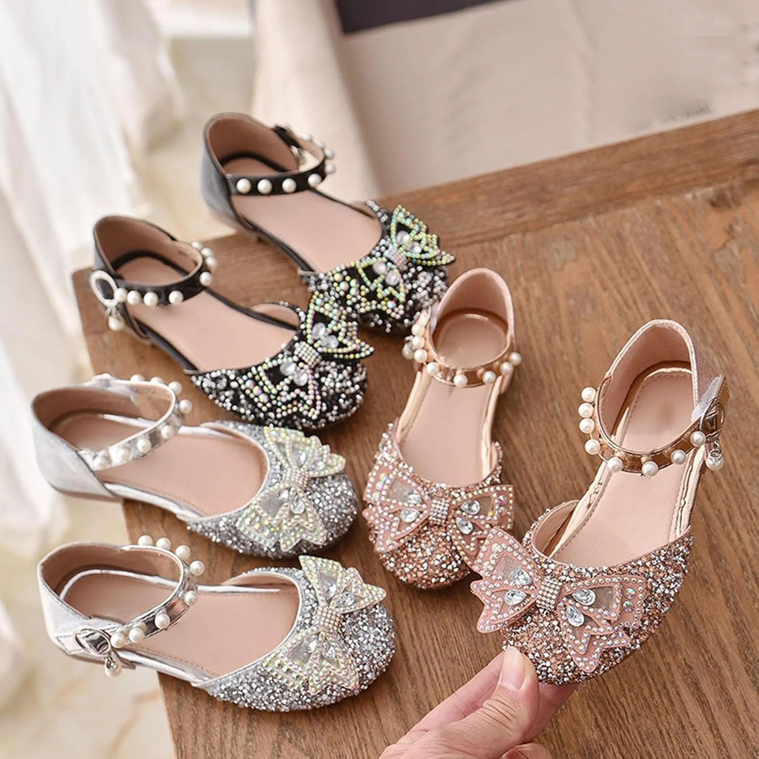 Toddler Flower Girl Dress Shoes Rhinstones Bow Mary Jane Ballet Flats Wedding Party Little Girls Sandals
