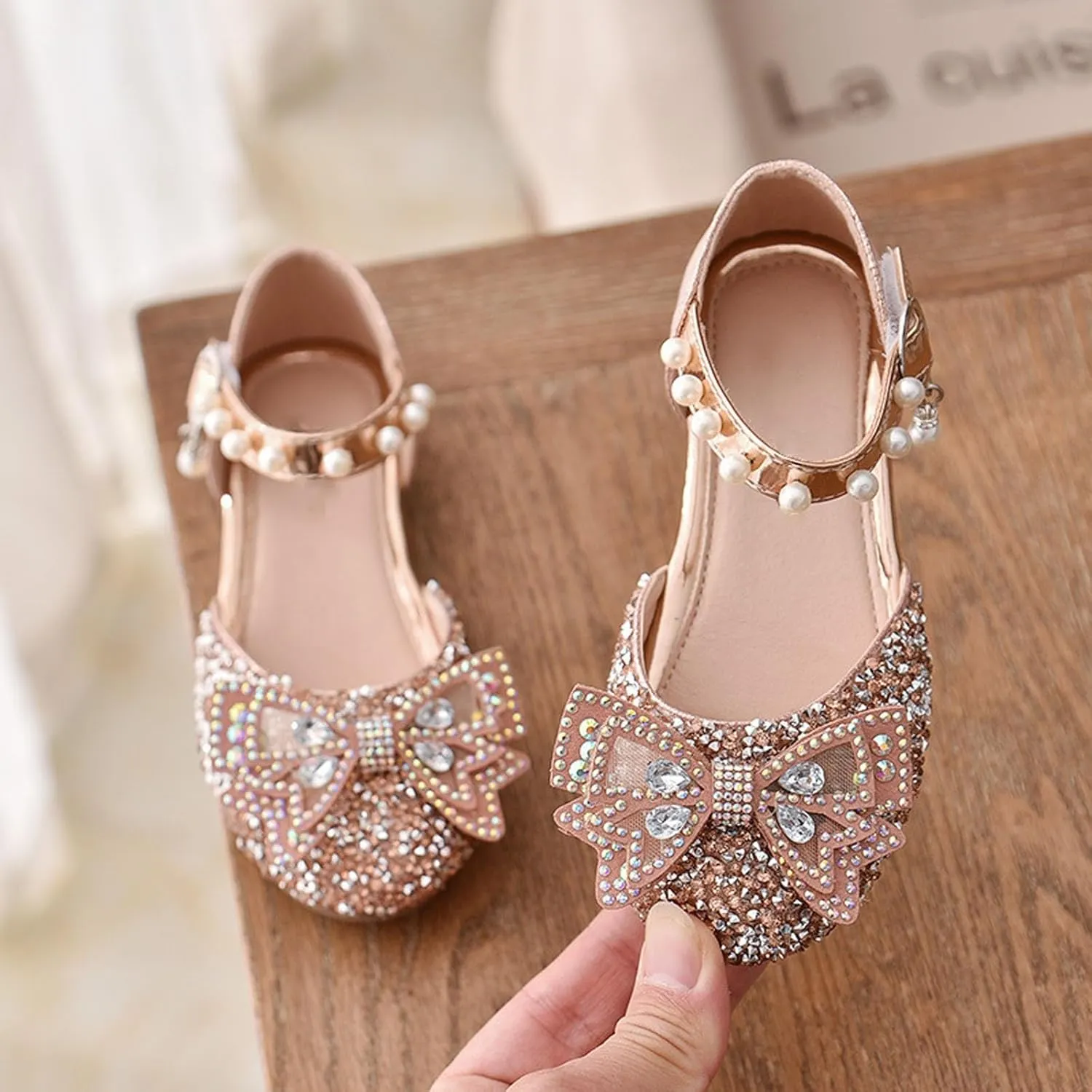 Toddler Flower Girl Dress Shoes Rhinstones Bow Mary Jane Ballet Flats Wedding Party Little Girls Sandals