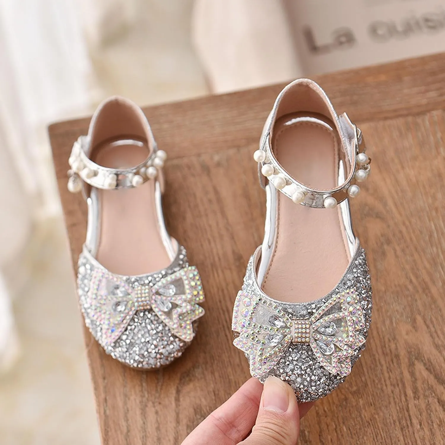 Toddler Flower Girl Dress Shoes Rhinstones Bow Mary Jane Ballet Flats Wedding Party Little Girls Sandals