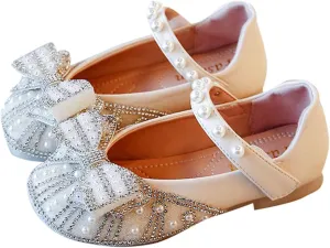 Toddler Flower Girl Dress Shoes Rhinstones Pearls Bow Mary Jane Ballet Flats Wedding Party Girls Shoes