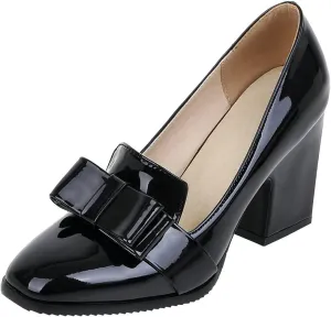 Trendenzy Patent Leather Loafers for Women Chunky High Heel Pumps Slip On Bow Dress Shoes