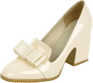 Trendenzy Patent Leather Loafers for Women Chunky High Heel Pumps Slip On Bow Dress Shoes