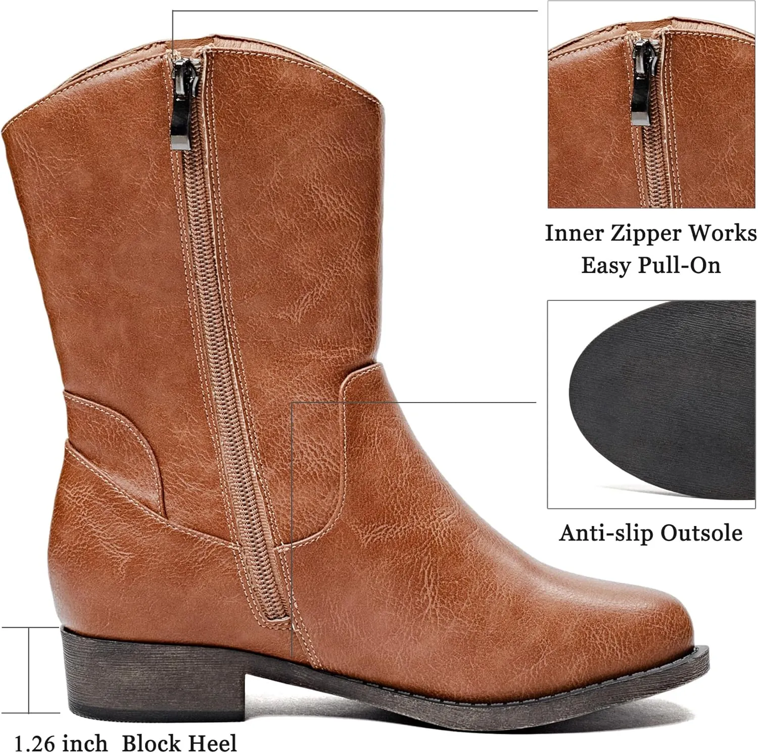 Veittes Women's Mid-Calf Cowboy Cowgirl Boots with Low Chunky Heel, Side Zipper, Motorcycle Style, Classic Round Toe,Fashion Western (Black/Dark Brown/Grey) Boots
