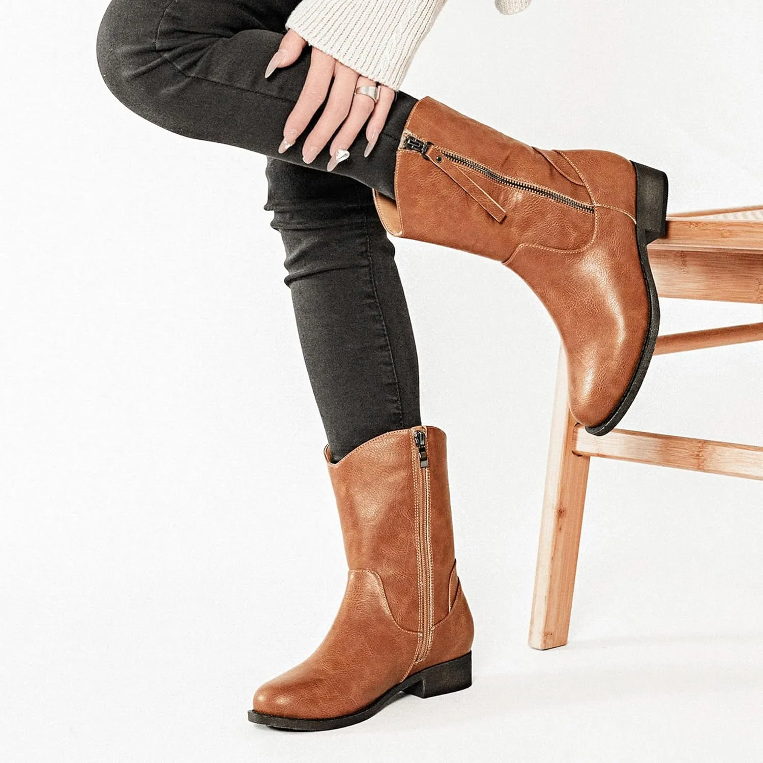 Veittes Women's Mid-Calf Cowboy Cowgirl Boots with Low Chunky Heel, Side Zipper, Motorcycle Style, Classic Round Toe,Fashion Western (Black/Dark Brown/Grey) Boots