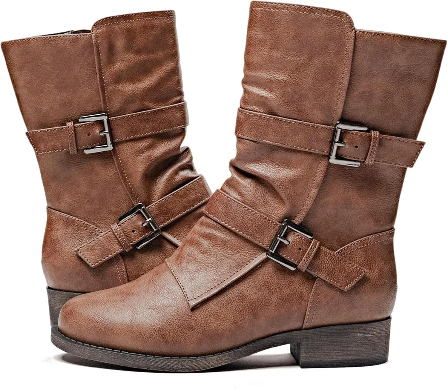 Veittes Women's Mid-Calf Cowboy Cowgirl Boots with Low Chunky Heel, Side Zipper, Motorcycle Style, Classic Round Toe,Fashion Western (Black/Dark Brown/Grey) Boots