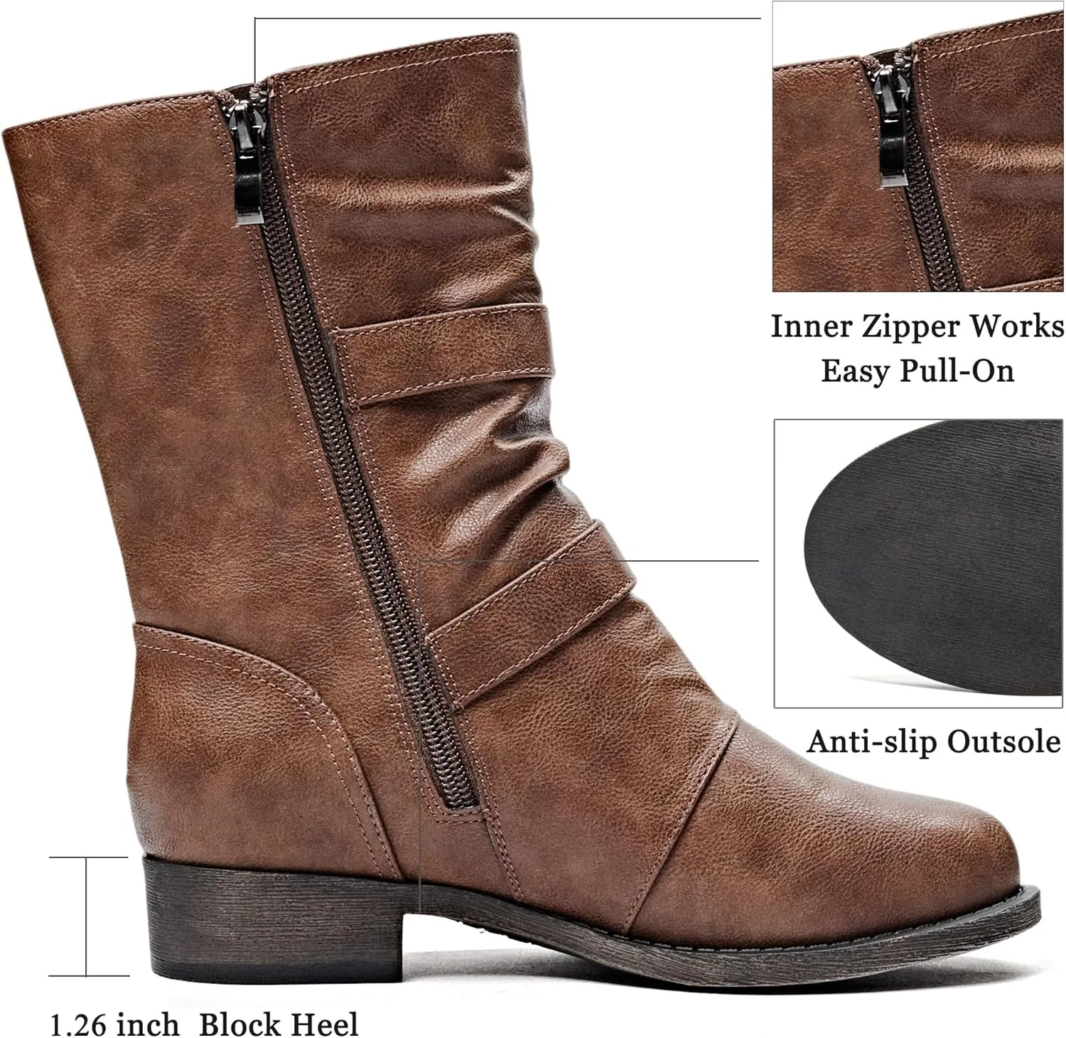 Veittes Women's Mid-Calf Cowboy Cowgirl Boots with Low Chunky Heel, Side Zipper, Motorcycle Style, Classic Round Toe,Fashion Western (Black/Dark Brown/Grey) Boots