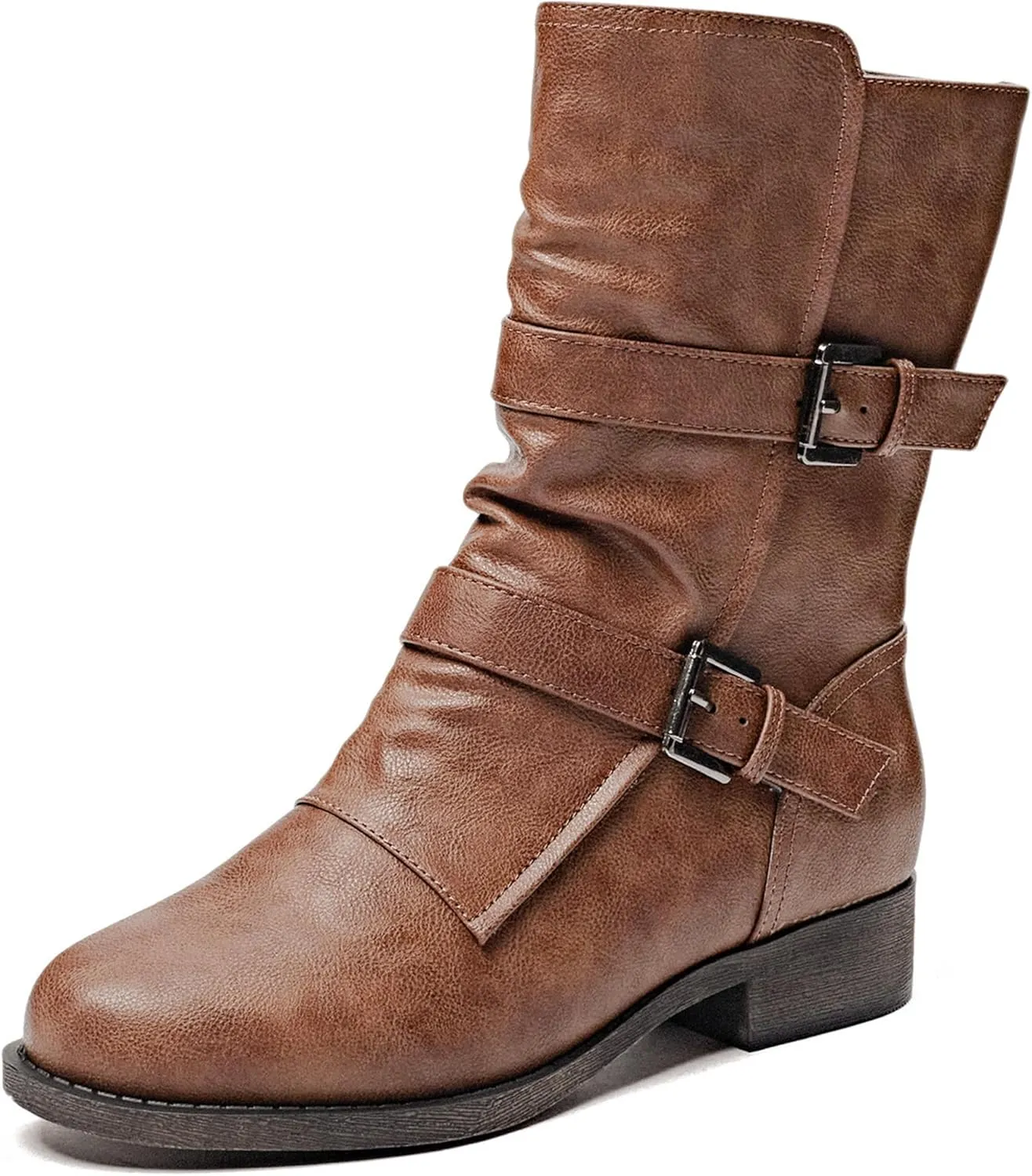 Veittes Women's Mid-Calf Cowboy Cowgirl Boots with Low Chunky Heel, Side Zipper, Motorcycle Style, Classic Round Toe,Fashion Western (Black/Dark Brown/Grey) Boots