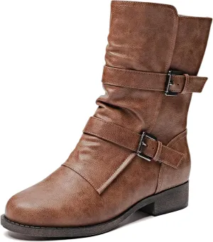 Veittes Women's Mid-Calf Cowboy Cowgirl Boots with Low Chunky Heel, Side Zipper, Motorcycle Style, Classic Round Toe,Fashion Western (Black/Dark Brown/Grey) Boots