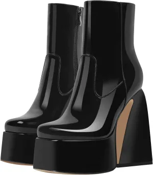 VERISSON Women's Ankle Boots Square Toe Chunky Heels Platform Patent Leather Shoes