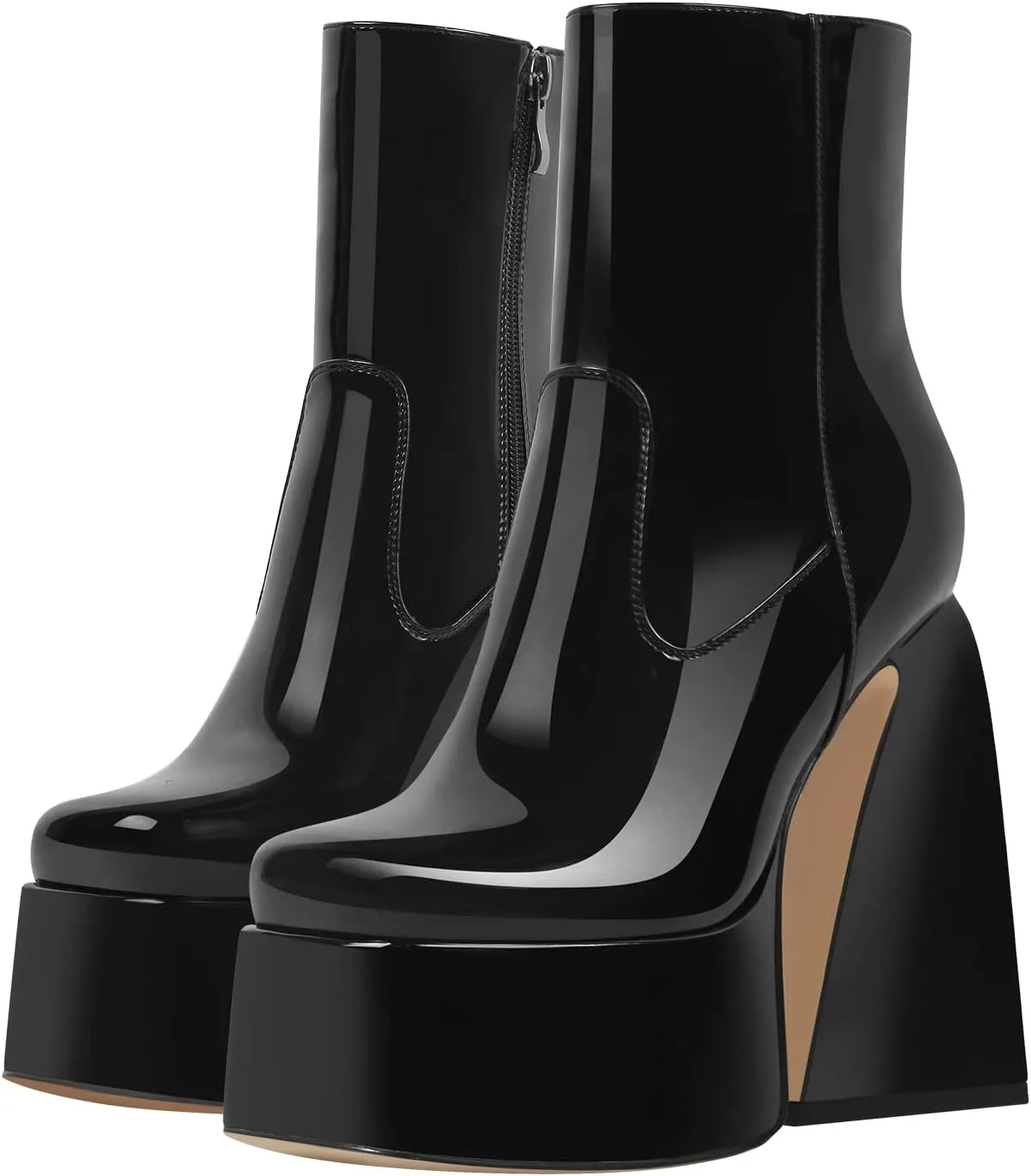 VERISSON Women's Ankle Boots Square Toe Chunky Heels Platform Patent Leather Shoes