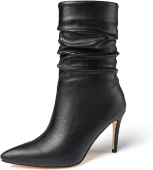 vivianly Womens Pointed Toe Heel Boots Stiletto Heels Mid-Calf Boots Zipper Booties