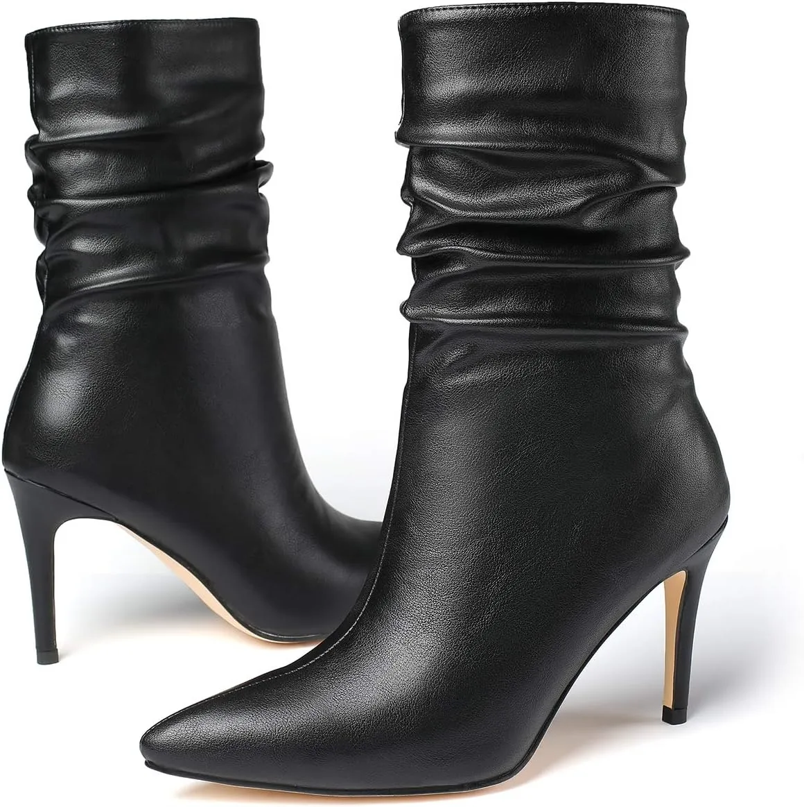 vivianly Womens Pointed Toe Heel Boots Stiletto Heels Mid-Calf Boots Zipper Booties