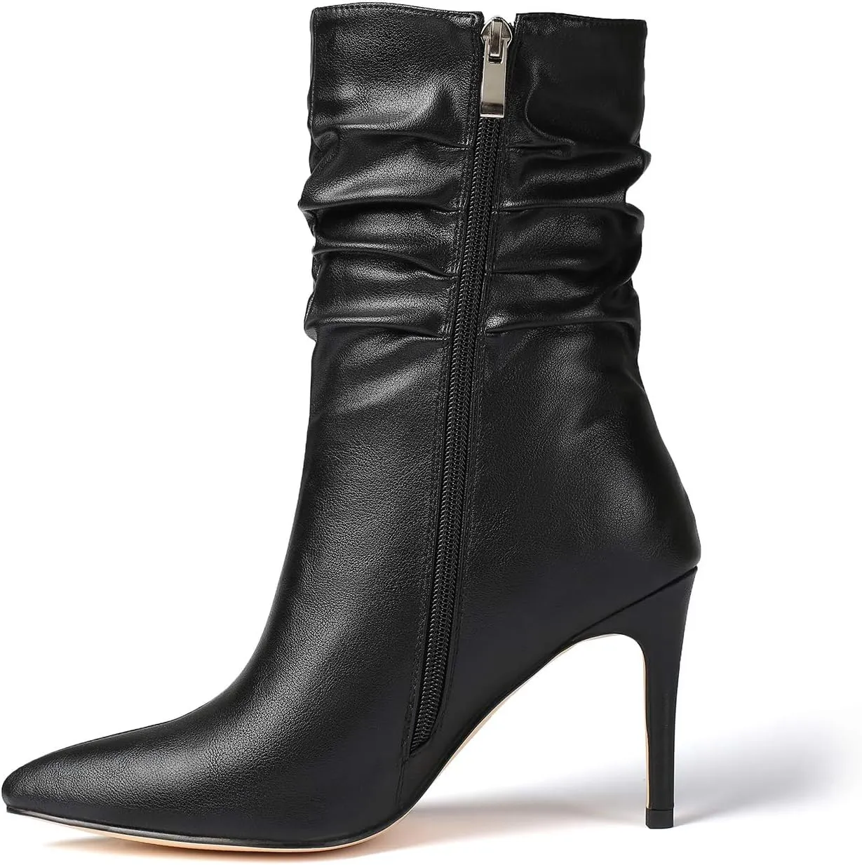 vivianly Womens Pointed Toe Heel Boots Stiletto Heels Mid-Calf Boots Zipper Booties
