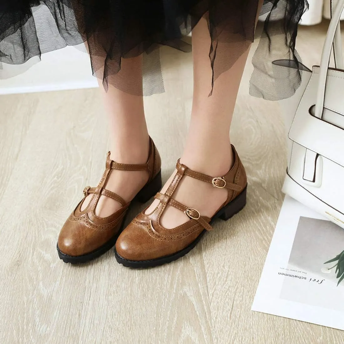 VOKLIN Women's Vintage T-Strap Mary Jane Pumps Round Toe Platform Chunky Low Heel Brogues Oxford Dress Shoes