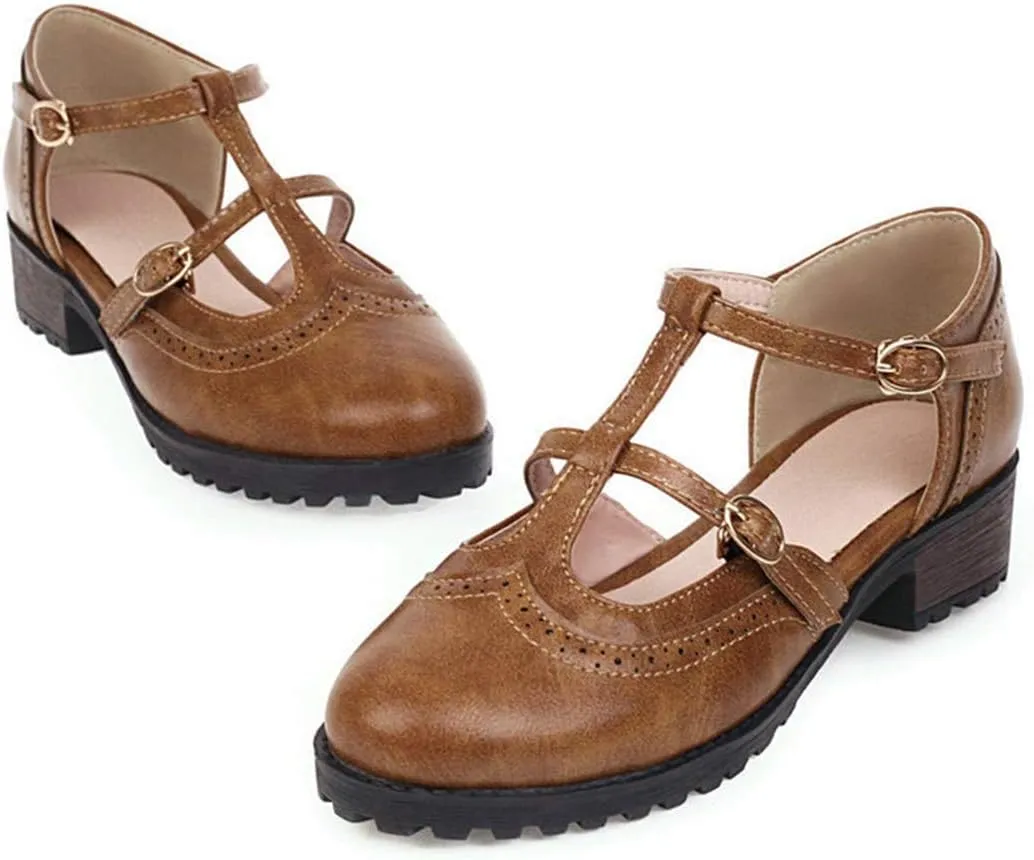 VOKLIN Women's Vintage T-Strap Mary Jane Pumps Round Toe Platform Chunky Low Heel Brogues Oxford Dress Shoes