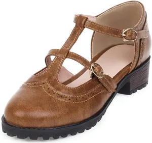 VOKLIN Women's Vintage T-Strap Mary Jane Pumps Round Toe Platform Chunky Low Heel Brogues Oxford Dress Shoes