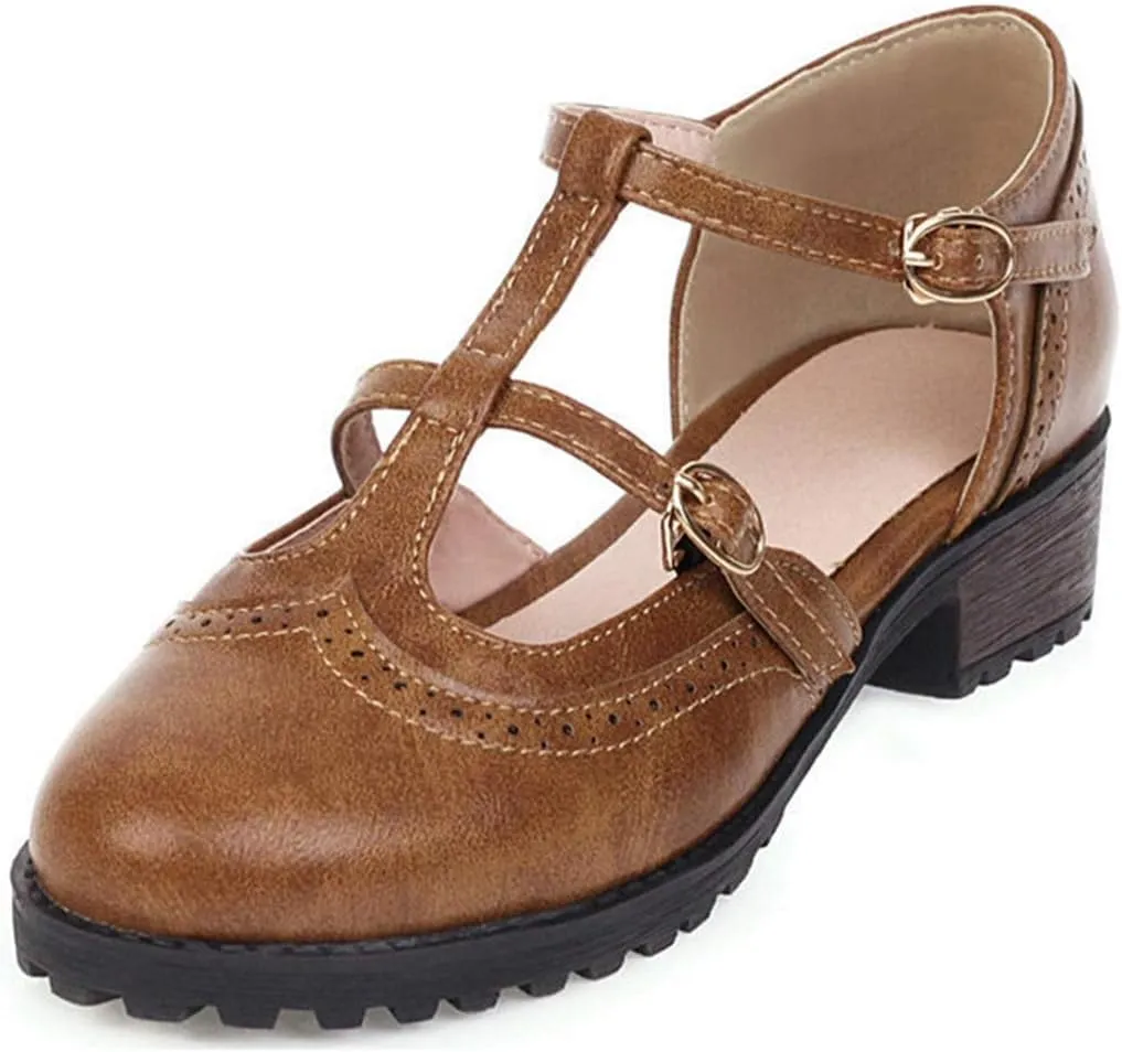 VOKLIN Women's Vintage T-Strap Mary Jane Pumps Round Toe Platform Chunky Low Heel Brogues Oxford Dress Shoes