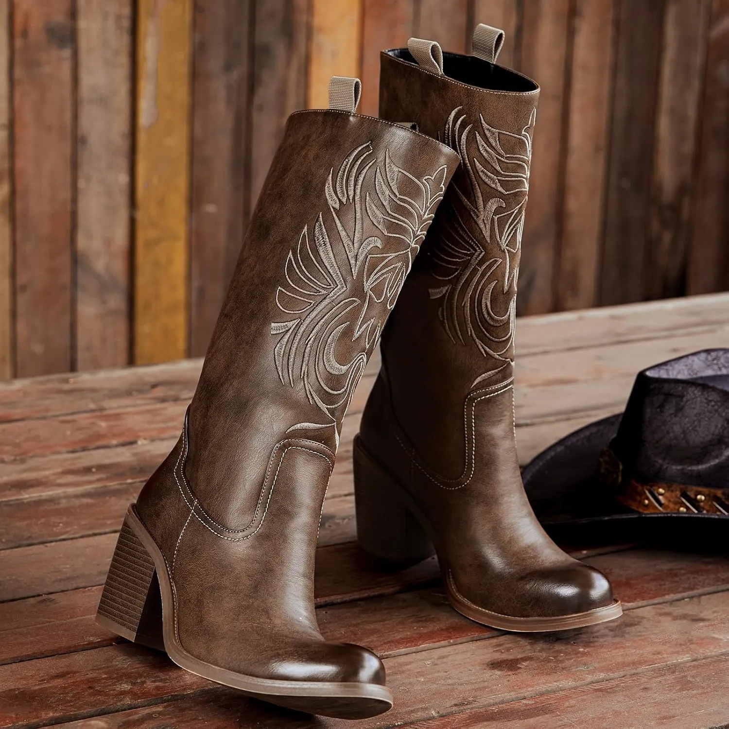 wetkiss Mid Calf Pull On Round Toe Boots for Women with Chunky Heel Cowgirl Boots for Women, Comfortable Boots for Women Suitable for All Ocassions