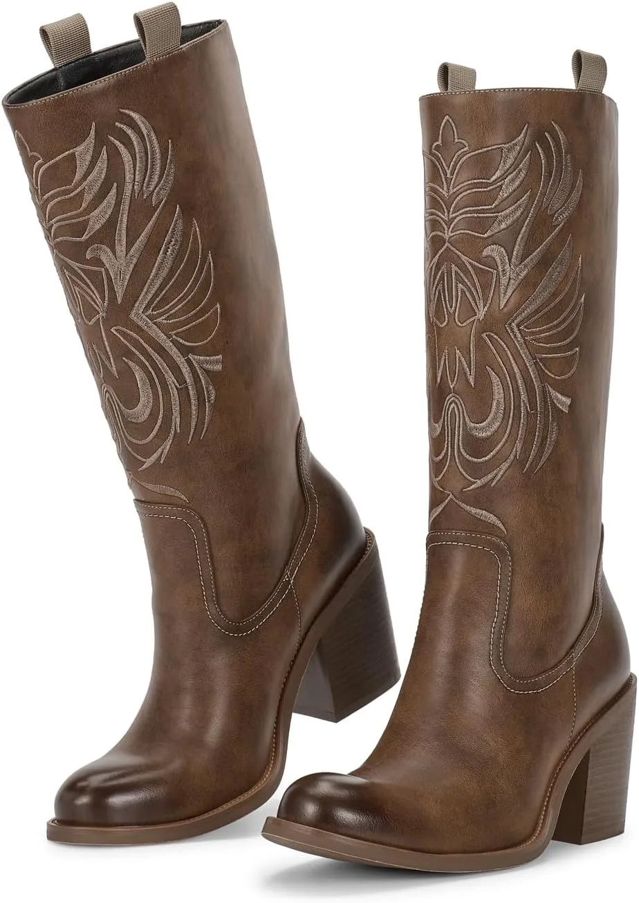 wetkiss Mid Calf Pull On Round Toe Boots for Women with Chunky Heel Cowgirl Boots for Women, Comfortable Boots for Women Suitable for All Ocassions