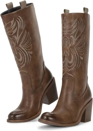 wetkiss Mid Calf Pull On Round Toe Boots for Women with Chunky Heel Cowgirl Boots for Women, Comfortable Boots for Women Suitable for All Ocassions